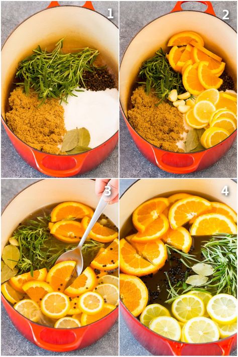 This turkey brine recipe is flavored with apple, citrus, brown sugar, rosemary and spices. It's the perfect way to guarantee a moist and flavorful turkey every time! Apple Cider And Citrus Turkey Brine, Citrus Turkey Brine Recipe, Best Turkey Injector Recipe, How Long To Fry A Turkey, Orange Juice Brine Turkey, How To Decorate Turkey Platter, Turkey Brine With Orange Juice, Turkey Brine Orange Juice, Deep Fry Turkey Brine