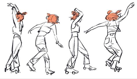 A series of sketchy drawings that show a dancing roller skater with headphones on. She has orange short hair. Roller Skating Animation, Roller Derby Character Design, Rollerblading Reference, Dancing References, Skater Drawing, Drawing Gestures, Anatomy References, Tmnt Artwork, Fancy Art