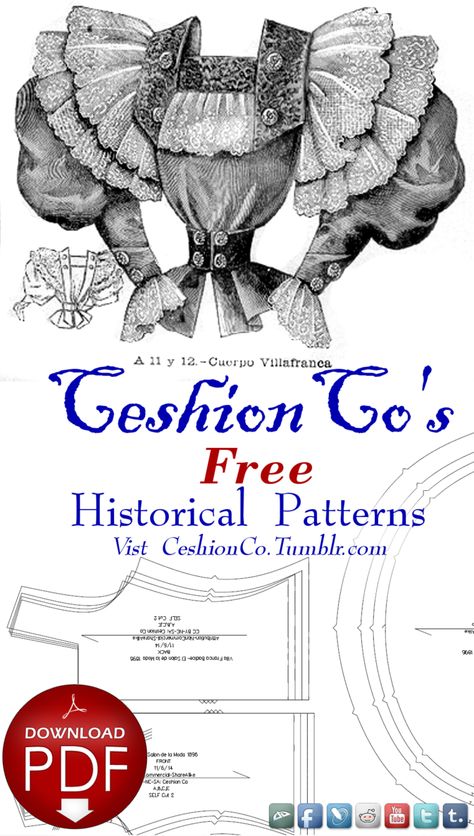 1896 Villafranca bodice - Free Victorian Sewing Patterns by CeshionCo on DeviantArt Free Victorian Patterns, Victorian Collar Pattern, Victorian Shirt Pattern, Victorian Sewing Patterns, House Dress Pattern, Victorian Sleeves, Victorian Dress Pattern, Historical Clothing Patterns, Sewing Paterns