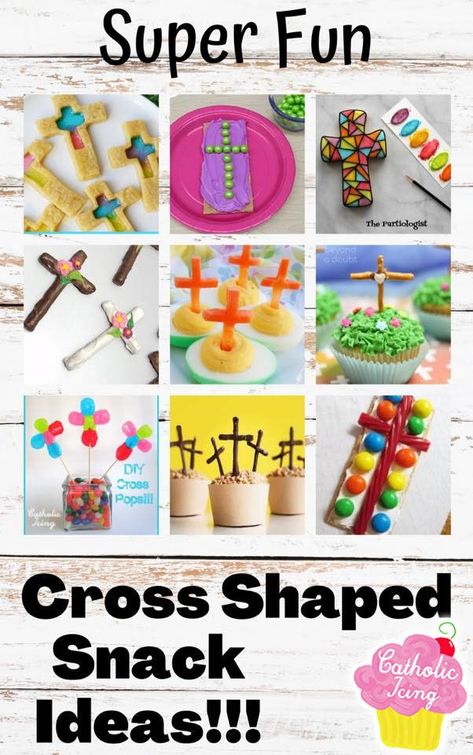 These snack, sweets, and treats are all in the shape of a cross, the most basic Christian symbol! There are so many really great ideas here that would be perfect for Sunday School, VBS, Easter, Baptisms, First Communions, and more! There are healthy cross food ideas as well. Check it out! #cross #christian #christiankids #vbs #sundayschool #religioused #christiankids #catholickids #catholicfamilies Sunday School Snack Ideas, Easter Sunday School Snacks, Easter Preschool Snacks, Cross Crafts For Kids, Bible School Snacks, Sunday School Snacks, Bible Quizzing, Vbs Snacks, Easter Sweet Treats