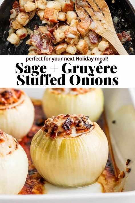 Sweet yellow onions stuffed with bacon, bread + gruyére cheese. A beautiful combination of flavors that will elevate any meal! #stuffedonions Stuffed Vidalia Onion Recipes, Stuffed Onions Recipes, Vidalia Onion Recipes, Stuffed Onions, Bacon Bread, New York Times Cooking, Paleo Recipies, Baked Onions, Savory Sides