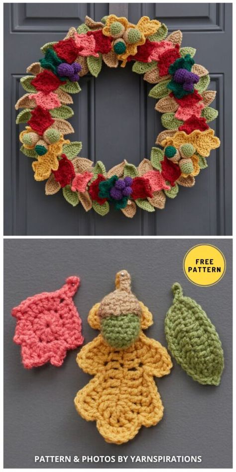 Thanksgiving Crochet Garland, Christmas Crochet Wreath Patterns Free, Crochet Fall Wreath Free Pattern, Free Crochet Fall Patterns, Crochet Turkey Pattern Free, Crochet Fall Patterns Free, Thanksgiving Crochet Patterns Free, Crocheted Wreaths, Crocheted Leaves