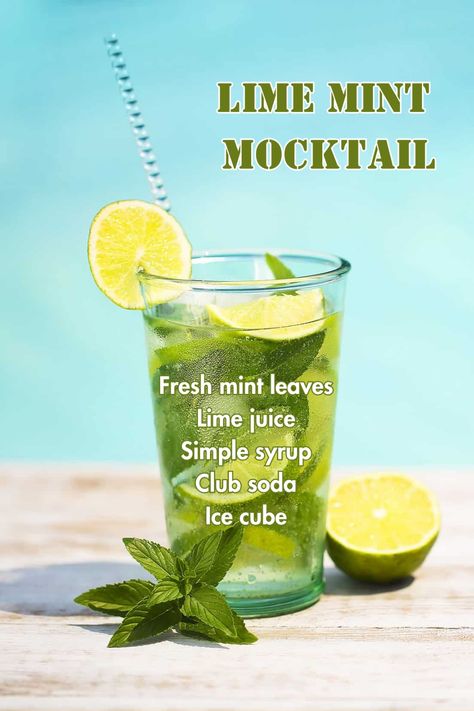 A refreshing Lime Mint Mocktail with lime slices and mint leaves, perfect for a hot day. Lime Mocktails, Uses For Mint Leaves, Mint Mocktail, Easy Winter Cocktails, Mocktail Bar, Basil Lemonade, Virgin Mojito, Drink Stand, Hydroponic Garden