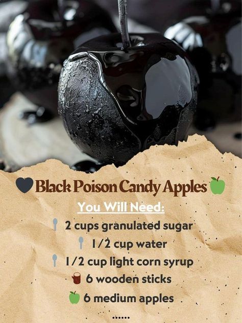 Sips n Eats | 🖤 Black Poison Candy Apples 🍏 | Facebook Candy Apples Diy, Party Food Trays, Black Candy Apples, Halloween Candy Apples, Halloween Breakfast, Black Food Coloring, Apple Treat, Pumpkin Waffles, Black Candy