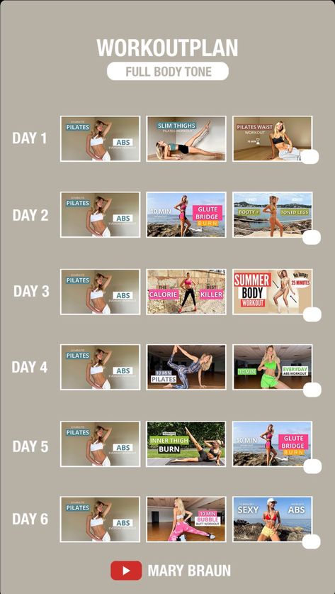 Mary Braun Workout Plan, Pilates Plan 30 Day, Home Work Out Plan, Week Workout Plan, Pilates Workout Plan, Push Workout, Full Body Workout Routine, Youtube Workout, Workouts For Teens