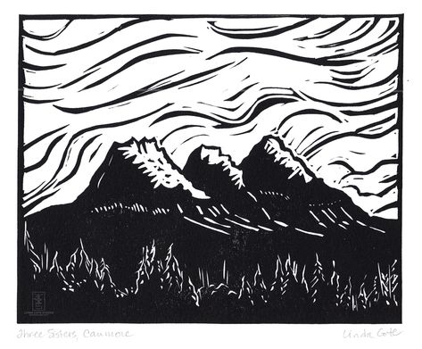 Three Sisters Canmore | Linocut Relief Print, Hand Pulled Fine Art, Open Edition, Printmaking by LindaCoteStudio on Etsy https://www.etsy.com/listing/740563905/three-sisters-canmore-linocut-relief Linocut Landscape, Sun And Moon Art, Black White Wall Art, Relief Printmaking, Lino Art, Moth Art, Linocut Art, Relief Print, Nature Posters