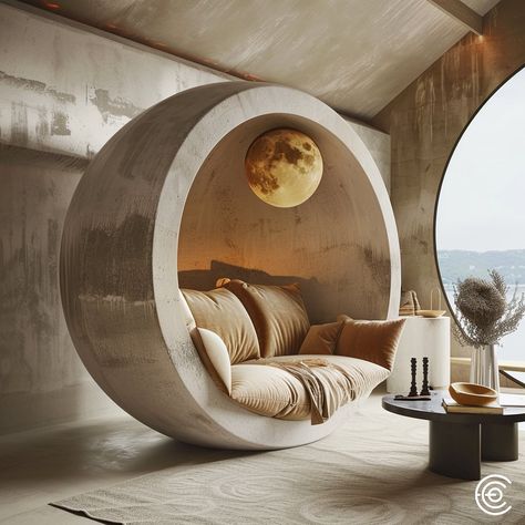 The Moon Sphere Couch is a stunning, sphere-shaped piece with a cozy couch nestled inside. This unique design creates an intimate, cocoon-like seating area, perfect for relaxation and conversation. The exterior boasts a sleek, modern look, while the interior offers plush cushions for ultimate comfort. Ideal for making a bold statement in any living space, the Moon Sphere Couch combines innovative design with luxurious comfort. Conceptual AI Art Follow @ecosapiens for more! Conceptual Furniture, Tech Theatre, Furniture Aesthetic, Curved Furniture, Unique Sofas, Cozy Couch, Round Chair, Home Tech, Dream House Interior