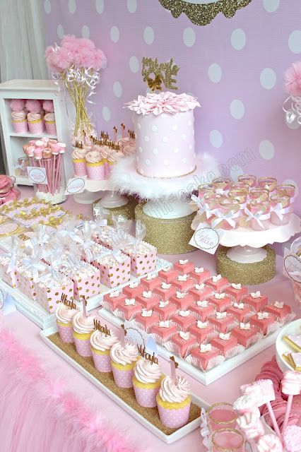 Celebrate with Cake!: Polka Dot Themed dessert table (Click on Post for more pictures) Butterfly Treat Table, Dream Sleepover, Pink Dessert Tables, Unique Treats, Dessert Table Birthday, Baby Shower Dessert Table, Candy Buffet Tables, Butterfly Birthday Party, Gold Baby Shower