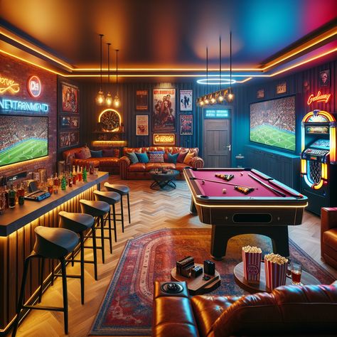 Experience ultimate leisure in a vibrant man cave, complete with neon lights, gaming gear, vintage jukebox, mini home theatre and a well-stocked bar. Game nights, sports and movies shine in this fun-filled sanctuary. #ManCave #HomeTheater #GamingRoom #SportsBar #EntertainmentRoom #GameNight Gentlemens Club Decor Man Caves, Arcade Room In House Modern, Fun Game Room Ideas Basements, Retro Man Cave Ideas, Games Room Ideas Family, Home Dive Bar, Sports Bar Furniture, Pool Room Ideas Interior Design, Vintage Games Room