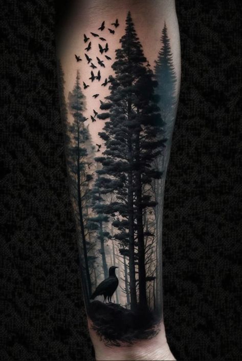 Tree Cover Up Tattoo, Asher Tattoo, Treeline Tattoo, Dark Nature Tattoo, Forest Tattoo Sleeve, Forest Forearm Tattoo, Wilderness Tattoo, Tree Silhouette Tattoo, Forearm Cover Up Tattoos