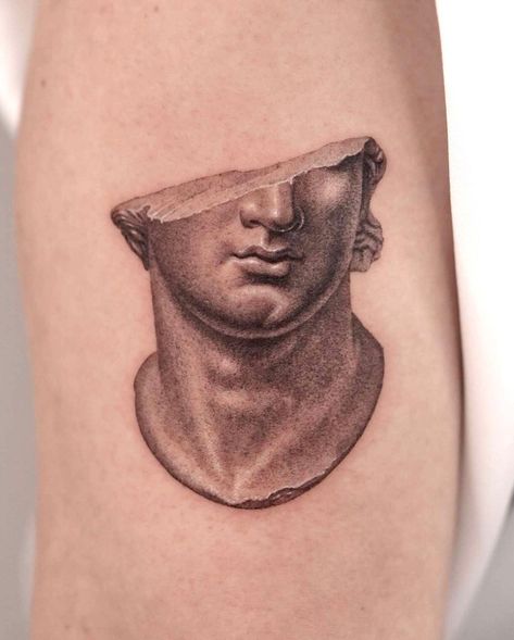 Statue Head Tattoo, Philosophy Tattoos, Statue Head, Lion Head Tattoos, Statue Tattoo, Single Needle Tattoo, Head Tattoo, E Tattoo, Head Tattoos