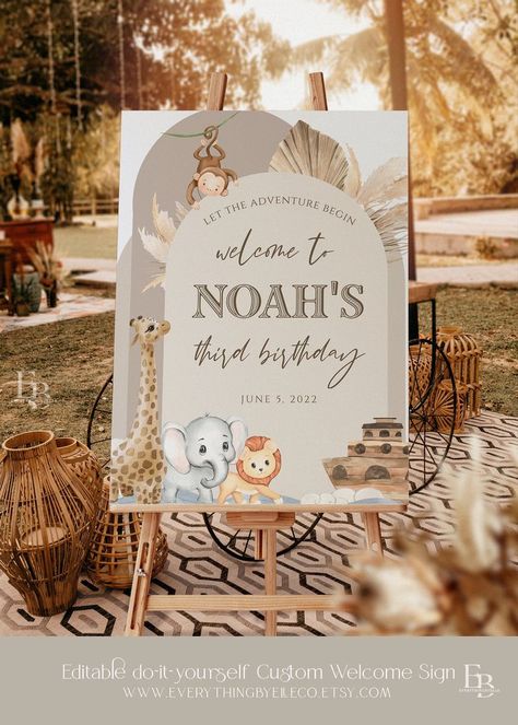 Noah's Ark Birthday Welcome Sign Editable, Muted Neutral Boho Noah's Ark 1st Birthday Party Decor Printable Sign, Safari Animals [Nh1] Safari First Birthday, First Birthday Welcome Sign, Noahs Ark Party, Noahs Ark Theme, Boho Safari, Noahs Ark Baby Shower, Wild Birthday Party, Giraffe Birthday, Welcome Sign Printable