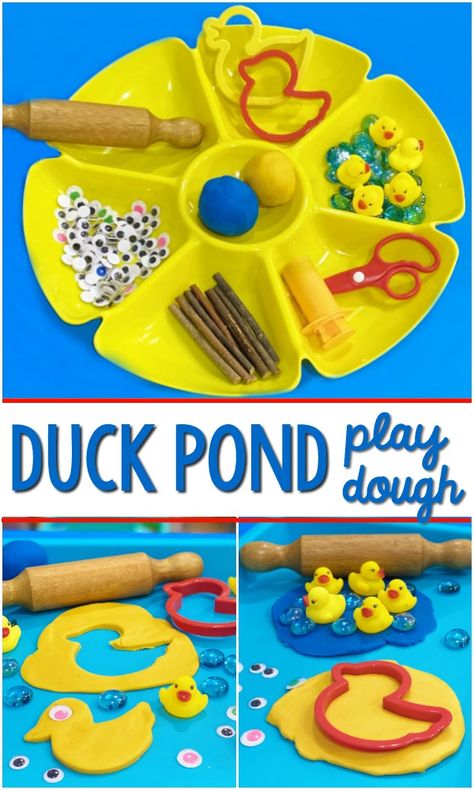 Duck Pond Play Dough Activity Tray. A fun, hands-on play dough activity to go with a bird or pond theme in your #preschool or #prek classroom #prekpages Duck Kindergarten Activities, Play Doh Tray, In The Pond Preschool Theme, Duck Theme Preschool, Farmer Duck Eyfs Activities, Duck On A Bike Activities Preschool, Preschool Pond Activities, Duck Preschool Craft, Preschool Duck Activities