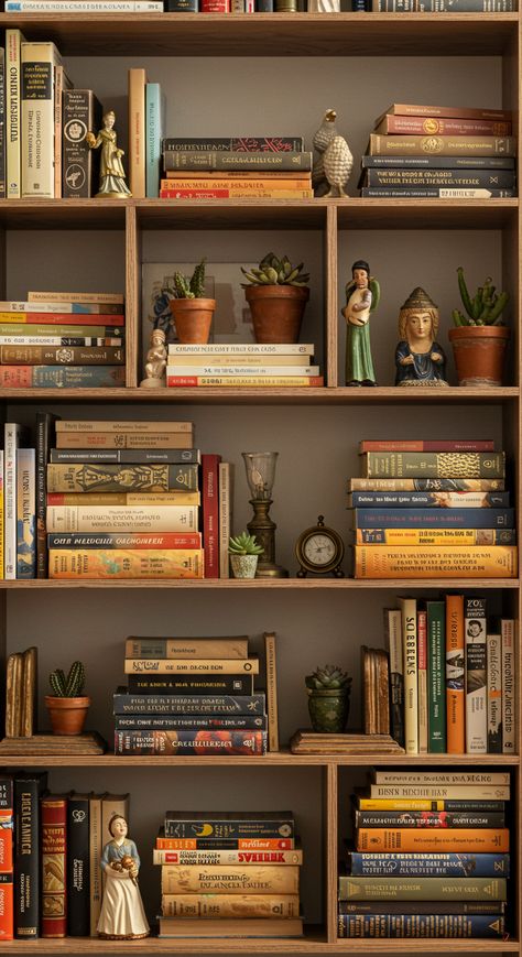 Master the art of bookshelf styling with our guide! Explore tips to create stunning, cohesive displays that elevate your space. Bookshelf With Family Photos, Book Displays Home, Home Bookshelf Aesthetic, Wooden Bookshelf Styling, Wrap Around Bookshelves, Bookshelf Decoration Ideas, Living Room Display Shelves, Cozy Shelf Decor, Bookshelf Display Ideas