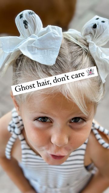 Diy Toddler Ghost Costume Girl, Ghost Pigtails, Ghost Buns Hair Kids, Kids Ghost Costume Girl, Toddler Halloween Hairstyles, Toddler Ghost Costume Girl, Toddler Halloween Hair, Ghost Hair Buns, Ghost Buns Hair