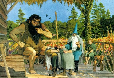 Gandalf and Bilbo introduce some of the dwarves to Beorn. ( the Hobbit ) Beorn Hobbit, Brothers Hildebrandt, Ted Nasmith, Lords Of The Rings, Tolkien Artwork, Tom Bombadil, Tolkien Illustration, Tolkien Hobbit, John Howe