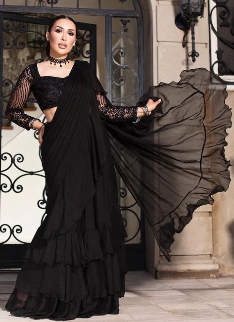 Freel Saree, Black Ruffle Saree, Designer Sarees Wedding Party Wear, Black Saree Designs, Black Blouse Designs, Engagement Event, Designer Sarees Wedding, Ruffle Saree, Fancy Sarees Party Wear