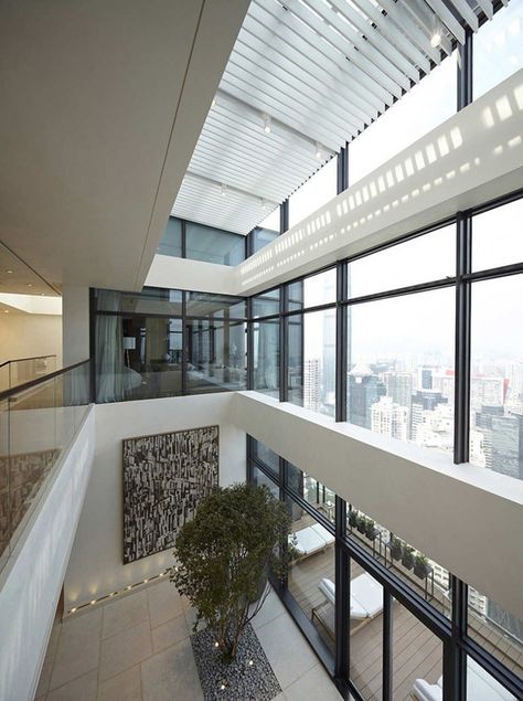 Luxury-chic urban penthouse with connection to nature Luxury Apartment Decor, Modern Apartment Interior, Oak Timber Flooring, Glass Pavilion, Modern Apartment Design, Duplex Penthouse, Outdoor Sitting Area, Duplex Apartment, Shenzhen China