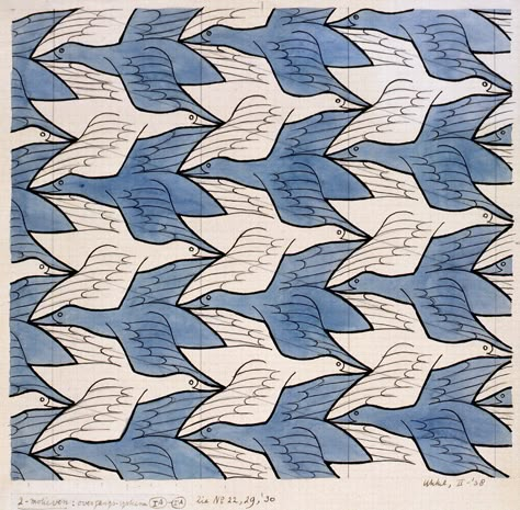 17 June we celebrate the birth of M. C. Escher, born 1898. Escher tessellated us for the last time in 1972. Escher Tessellations, Tessellation Art, Escher Art, Tessellation Patterns, Maurits Cornelis Escher, Quilt Modernen, Mc Escher, Bird Wallpaper, Two Birds