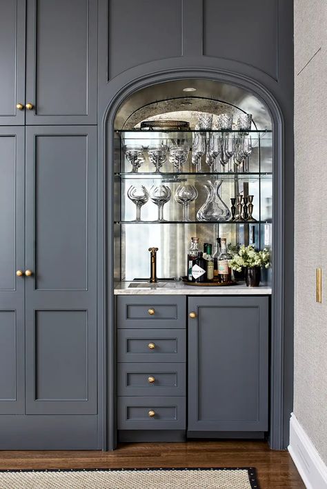 Cedar Parkway by Erica Burns Interiors | 1stDibs Wet Bar Nook Ideas, Shallow Wet Bar, Arched Built In Kitchen, Butler Door, Built In Bar Nook, Bar Millwork, Alcove Bar, Bar Niche, Built In Wet Bar