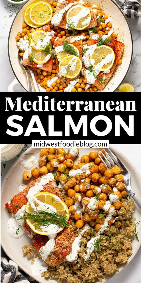 This quick and easy 15-minute Baked Mediterranean Salmon recipe is loaded with your favorite Greek herbs, roasted chickpeas, and a tangy lemon yogurt sauce. It's simple, hearty, and filling which means it will quickly earn a spot in your monthly meal rotation! Lemon Yogurt Sauce, Oven Baked Salmon Recipes, Mediterranean Salmon, Meal Rotation, Delicious Family Dinners, Oven Baked Salmon, Greek Yogurt Recipes, Easy Fish Recipes, Lemon Yogurt