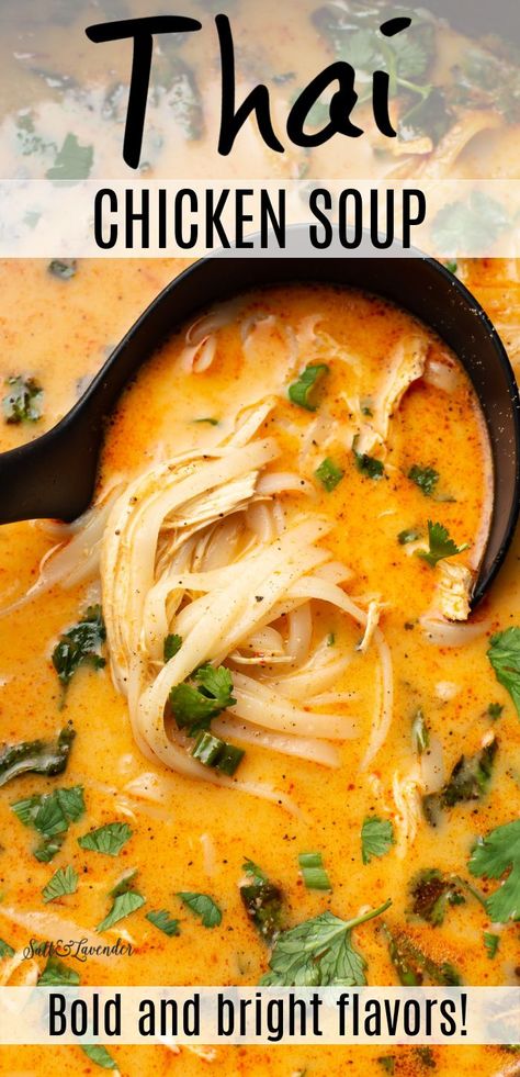 a ladle of soup with text overlay that reads thai chicken soup - bold and bright flavors! Thai Chicken Curry Soup, Easy Thai Chicken, Soup Recipes Easy, Soup Recipes Healthy, Curry Soup Recipes, Chicken Curry Soup, Thai Chicken Soup, Curry Soup, Recipes Soup