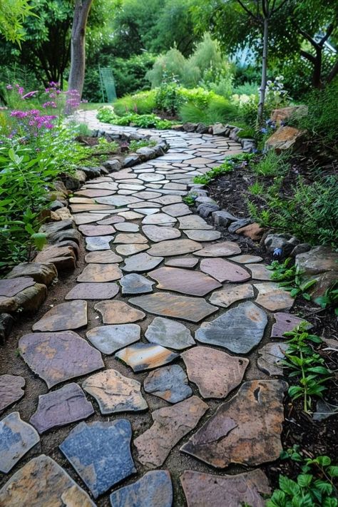 Garden Walkways Pathways Diy, Garden Walkways Pathways, Garden Rocks Ideas, House Walkway, Rock Walkway, Stone Cladding Exterior, Flagstone Pathway, Stone Walkways, Cladding Exterior