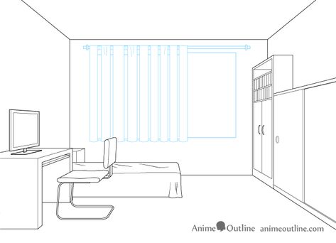 One point perspective drawing window curtains Bedroom Perspective, Point Perspective Room, Drawing In Perspective, One Point Perspective Room, Room Perspective Drawing, Perspective Room, Drawing Perspective, Perspective Drawings, Friend Wallpaper