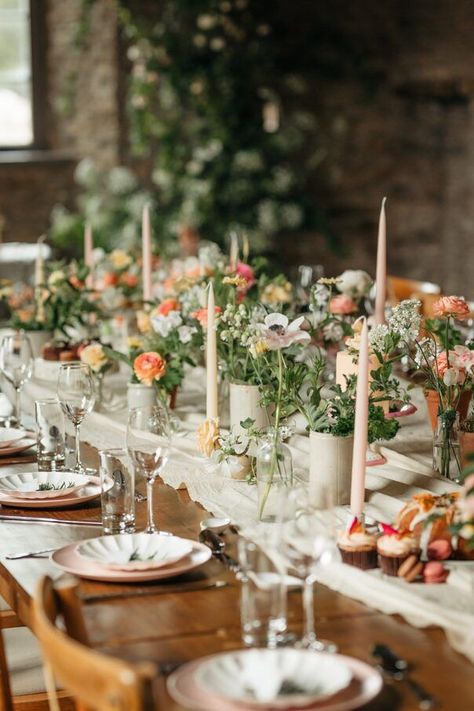 Flower Arrangements For Long Tables, Long Wedding Table Decorations Rustic, Apricot Rose Wedding, Wedding Wooden Table Decorations, Rustic Spring Wedding Table Decor, Long Wooden Table Wedding Decor, Wedding Long Table Decor, Wooden Tables Wedding, Wooden Table Wedding Decor