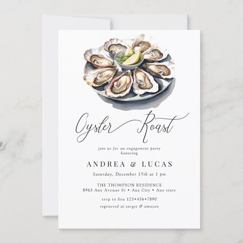 Oyster Roast Engagement Party Ideas, Oyster Engagement Party, Oyster Themed Party, Oyster Roast Engagement Party, Oyster Roast, Makeup Images, Engagement Party Invitations, Dinner Parties, Rehearsal Dinner