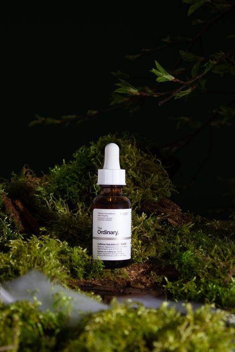 The Ordinary Caffeine Solution 5% skincare product photography Moss Product Photography, Nature Skincare Photography, Tincture Product Photography, Stone Product Photography, Moody Product Photography Ideas, Outdoor Brand Photography, Night Product Photography, Forest Product Photography, Mountain Product Photography