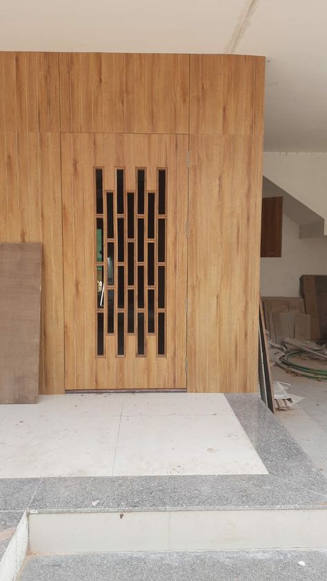 Wooden safety door with natural wood. Safety Door Design, Wooden Partitions, Bedroom Redesign, Safety Door, Door Detail, Cnc Design, Door Design Interior, Main Door Design, Entrance Design