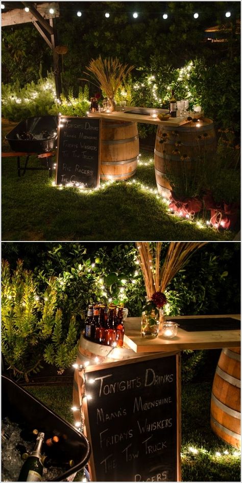 Backyard Wedding Bar, Outside Table, Wine Barrel Bar, Bar Deco, Diy Outdoor Bar, Barrel Bar, Rustic Wedding Decorations, Bar Exterior, Deco Champetre