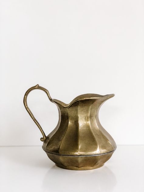 Vintage Brass Scalloped Pitcher, Antique Brass, Brass Vase, Brass Planter, Found Item Brass Utensils, Brass Shelving, Gold Jars, Brass Objects, Tipping Point, Dried Florals, Brass Vase, Decor Pieces, Shelf Styling