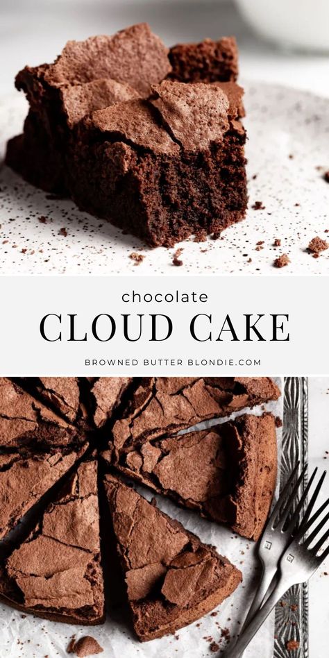 Chocolate Cloud Cake | Browned Butter Blondie | This flourless chocolate cloud cake recipe is rich, fudgy and super chocolatey. Made with just 7 ingredients, this easy dessert is perfect for dinner parties or date night. And it’s naturally gluten free! Chocolate Cloud Cake Recipe, Heat Resistant Desserts, Healthy Chocolate Dessert Recipes, Quick Cakes Easy, Cloud Cakes Ideas, Butter Free Desserts, Naturally Gluten Free Desserts, Butterless Desserts, Easy Desserts Chocolate