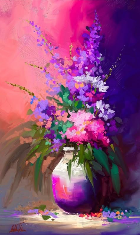 Surealisme Art Paintings, Stillife Painting, Water Vase, Tulips Art, Digital Oil Painting, Paint Photography, Flowers In A Vase, Abstract Floral Paintings, Flower Art Painting