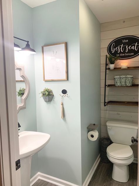 L Shaped Half Bath, Half Bath Color Ideas Paint, Small Half Bathroom Remodel, Amazon Mirror, Seafoam Green Bathroom, Blue Powder Room, Small Half Baths, Palladium Blue, Small Half Bathroom