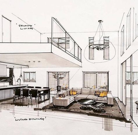 CONTEMPORARY HOME NOW on Instagram: “Via: @sketchesnow What do you think about this sketch? . . . #sketch__vision #archsketch #archi #archistudent #sketchaday #arch_more…” Croquis Architecture, Interior Architecture Sketch, Interior Design Sketchbook, Rendering Interior, Warehouse Living, Interior Design Renderings, Architectural Sketches, Interior Architecture Drawing, Drawing Interior