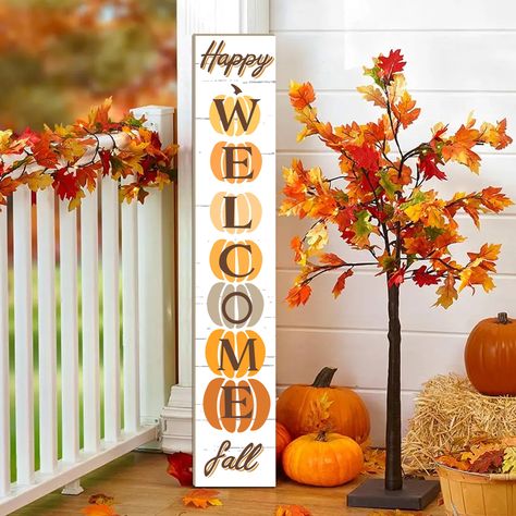 PRICES MAY VARY. Autumn Vibes: Elevate your fall aesthetic with our charming porch decoration. Featuring pumpkins, White wood grain background,the "Happy Fall" and“Welcome”slogan creates a warm ambiance that'll impress your guests. It's the perfect way to set a cozy tone and extend a heartfelt welcome. Premium Craftsmanship: Crafted from sturdy wood and framed with a 1 cm border, this handcrafted porch board hanging sign boasts vivid printing, a smooth surface, and impeccable edges. It won't fad House Decor Fall, Fall Vertical Porch Sign, Fall Wooden Signs Front Porches, Fall Welcome Sign, Holiday Porch Signs, Fall Porch Leaners, Fall Yard Displays, Fall Porch Signs, Fall Farmhouse Porch