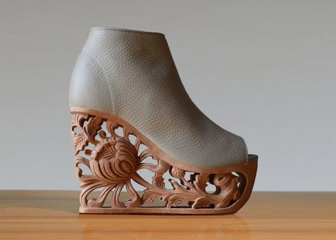 Exquisite Wooden Heels Hand-Carved with Ancient Vietnamese Pagoda Techniques - My Modern Met Business Attire For Men, Wooden Heels, Platform Wedge Heels, Soft Shoes, Wooden Heel, Unique Shoes, Shoe Art, Hand Carved Wood, Handmade Shoes