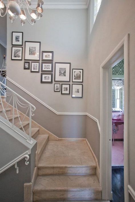 two paint colors in the stairwell. Stairway Gallery, Stairway Gallery Wall, Stair Walls, Staircase Wall Decor, Picture Arrangements, Stair Gallery, Stair Wall, Staircase Wall, Staircase Decor