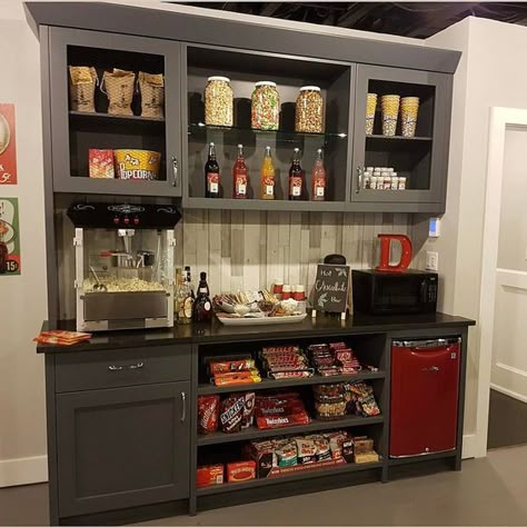 Office Snack Bars & Kitchens To Drool Over - OFC.tv Sala Cinema, Movie Theater Rooms, Theater Room Design, Home Cinema Room, At Home Movie Theater, House Bar, Home Theater Rooms, Home Theater Design, Concession Stand