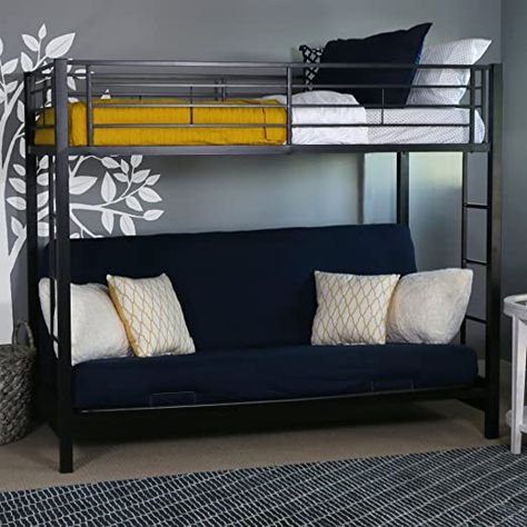 Walker Edison Furniture Company Modern Metal Pipe Twin Over Futon Bunk Kids Bed Bedroom Storage Guard Rail Ladder, Black Contemporary Bunk Beds, Modern Bunk, Metal Futon, Adult Bunk Beds, Futon Bunk Bed, Modern Bunk Beds, Bunk Beds With Stairs, Bunk Bed Designs, Space Bedding