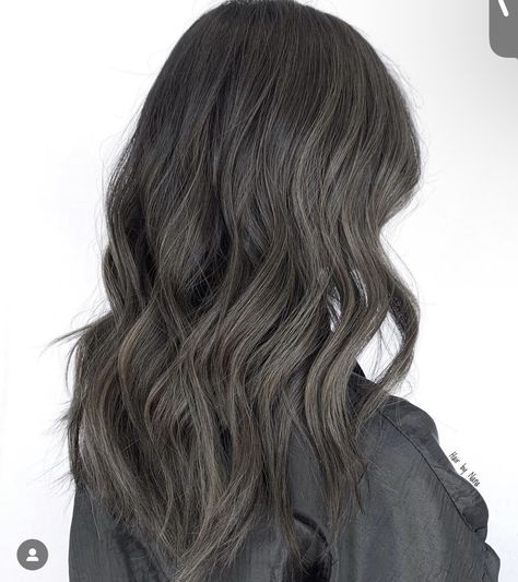 Ashy Dark Brown Hair Balayage Straight, Long Dark Ash Brown Hair, Ashy Brown On Black Hair, Ash Brown Hair Asian Dark, Smoky Brown Hair, Dark Ash Brown Balayage On Black Hair, Ash Grey Balayage Brunettes, Grayish Brown Hair, Ash Dark Brown Hair