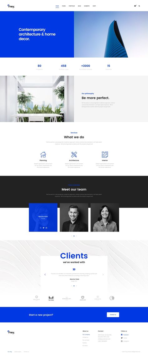 Frey - Contemporary Architecture & Portfolio Sketch Template by ThemeSun White And Blue Website Design, Blue And White Website Design, Minimal Website Design, Food Web Design, Web Design Examples, Sketch Template, Minimal Architecture, Ui Design Website, Split Screen