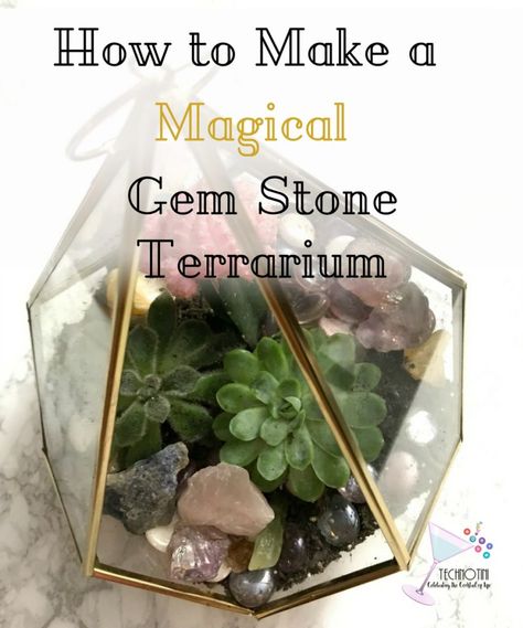 Recently, my family has gotten into gem mining-which means we have a lot of beautiful gem stones lying around the house. So I decided to create an open air terrarium with succulents and the gem stones from our family gem mining adventures. How better to show them off than in a relaxing, botanical terrarium? It’s a great gem mining keepsake. Check out my tips to help make this DIY a little easier. Gem mining crafts, minerals | crystals | DIY terrarium How To Make A Crystal Terrarium, Crystal Garden Terrarium Diy, Crafts With Crystals Diy, Crystal Terrarium Ideas, Display Crystals And Stones, Desktop Terrarium, Crystal Garden Terrarium, Crystal Terrarium Diy, Stone Terrarium