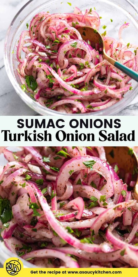 Thinly sliced red onions gently massaged with sumac and salt, dressed in oil and vinegar and tossed with fresh parsley - simple, punchy and incredibly fresh! Enjoy as a simple side salad or a condiment in burgers, wraps, salads and more! Salad With Sumac, Raw Onion Salad, Pickled Onion Salad, Ukrainian Salad Recipes, Sumac Salad, Sumac Dressing, Simple Side Salad, Sumac Onions, Slicing Onions