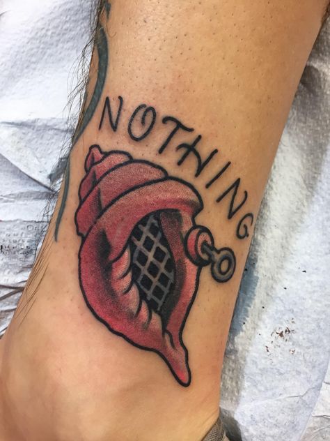 The Magic Conch Cast Iron Tattoos Orlando FL #tattoos #tattoo #beauty Magic Conch Shell Tattoo, Traditional Spongebob Tattoo, Tremors Tattoo, Castaway Tattoo, American Traditional Tattoos Funny, Traditional Tattoos Funny, Funny American Traditional Tattoo, Funny Traditional Tattoos, American Dad Tattoo