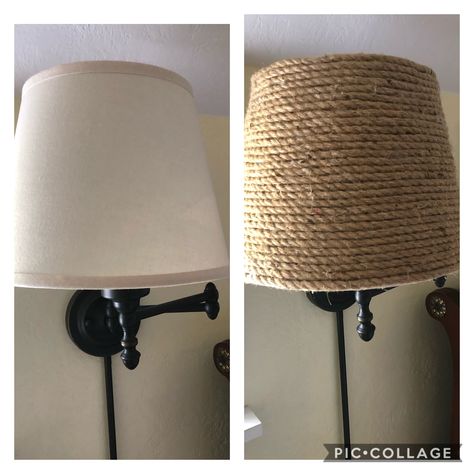 Lampshade Bedroom, Jute Lights, Green Lounge, Bohemian Modern Style, Rope Lamp, Wall Lamp Shades, Before And After Pics, Rustic Lamp Shades, Rope Decor