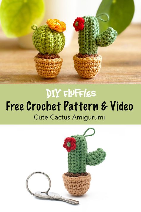 Amigurumi Free patterns and step-by-step crochet tutorials. You can find this cute cactus amigurumi crochet pattern on www.mariskavos.nl, great for beginners. Learn how to crochet Amigurumi with the DIY fluffies Patterns and video's. Crochet Gift Patterns Free, Crochet Cactus Free Pattern, Crochet Keyring Free Pattern, Keychain Crochet Pattern, Crochet Craft Fair, Crochet Project Free, Cactus Keychain, Crochet Sloth, Crochet Toys Free